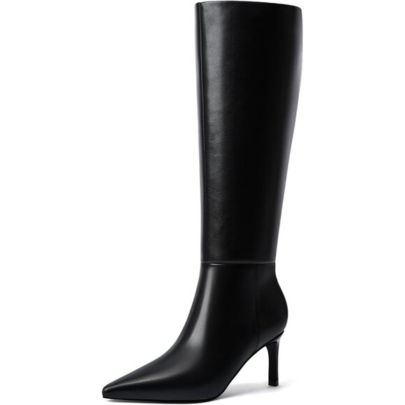 MIRAAZZURRA Women Black Knee High Boots Pointed Toe Kitten with Side Zipper - Picture 1 of 9